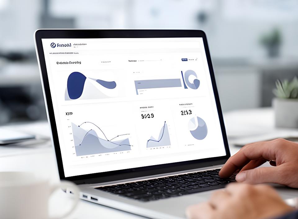 A polished executive dashboard on a laptop screen with charts, trend lines, and KPI tiles in a modern office setting