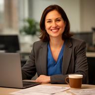 Client support specialist smiling beside a laptop in a quiet office with notes and coffee nearby