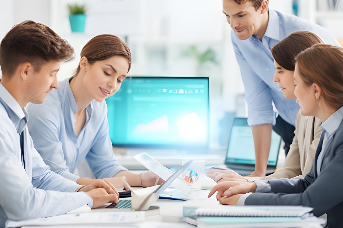 Accounting team reviewing a secure database dashboard in a bright Flint office during tax season