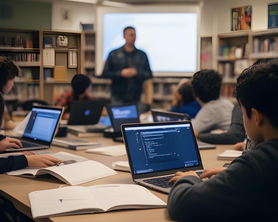 Community SQL workshop with laptops open in a library room and a presenter speaking to local students