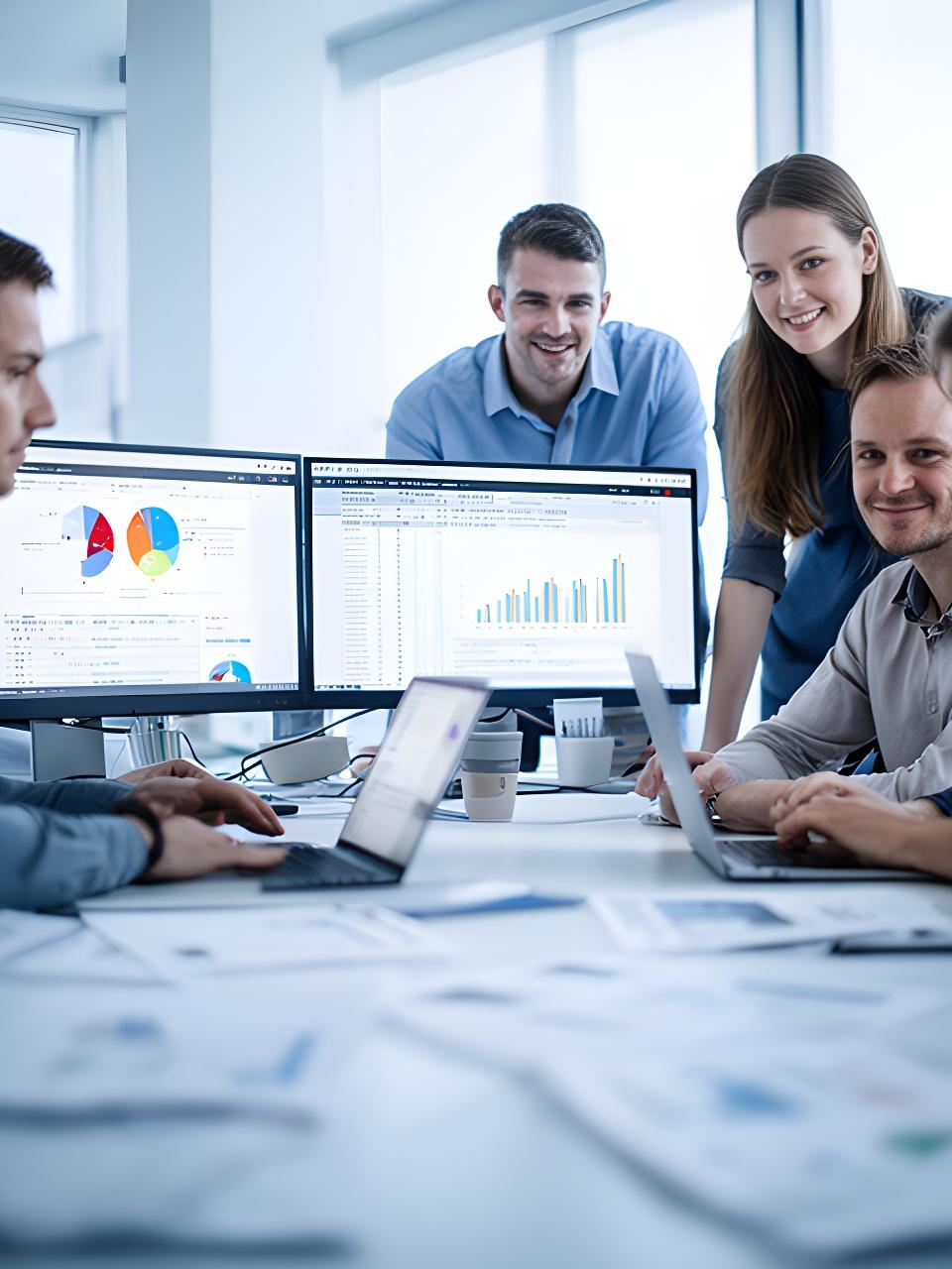 Database team collaborating around dual monitors in a bright Flint office with query dashboards on screen