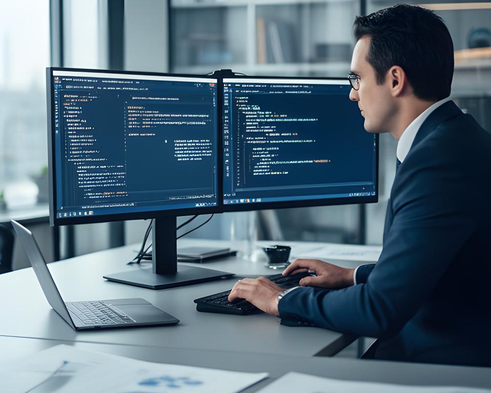Database architect reviewing SQL dashboards in a Flint office with dual monitors and printed reports