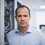Lead DBA standing beside a server rack in a clean office with a focused expression