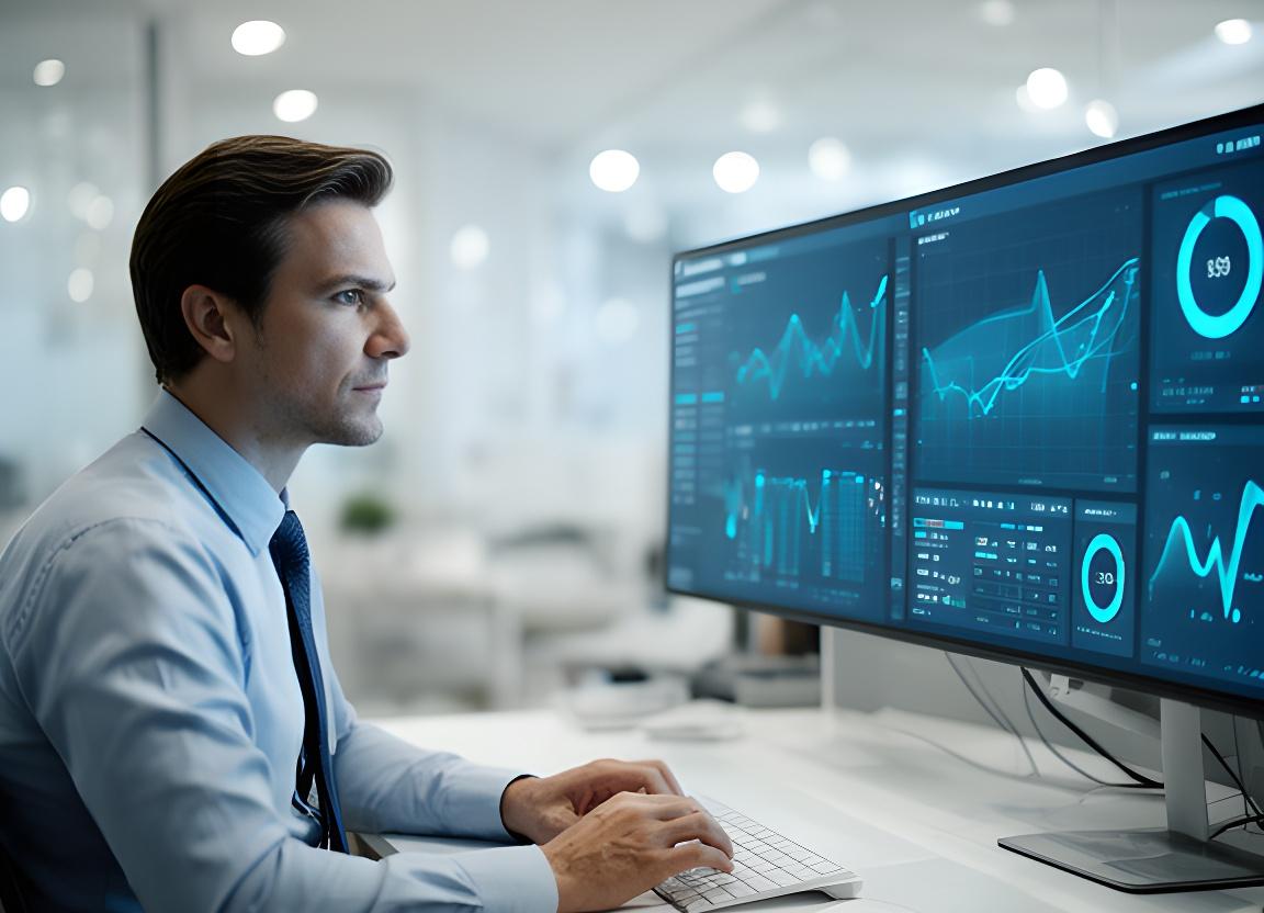 Analyst reviewing a live database health dashboard with CPU, disk, and query throughput charts in a modern office