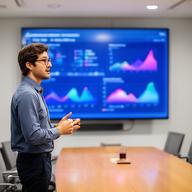 Data visualisation specialist presenting dashboard charts on a large screen in a conference room