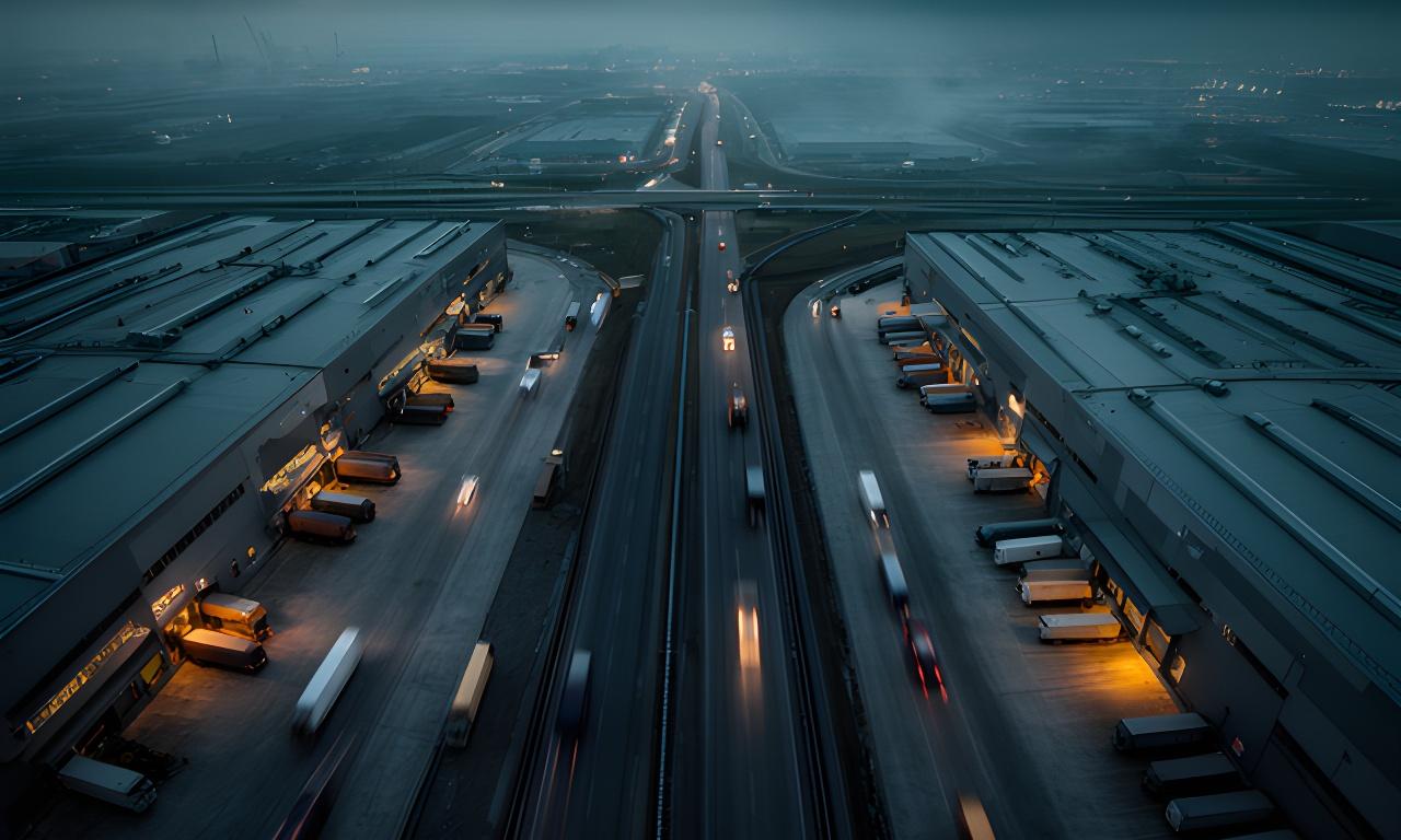 Aerial view of Flint industrial yards and freight corridors at dusk with warehouse roofs and moving trucks
