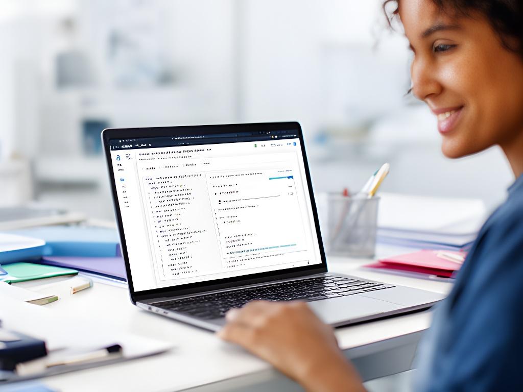 Smiling small business owner reviewing a SQL dashboard on a laptop in a bright office