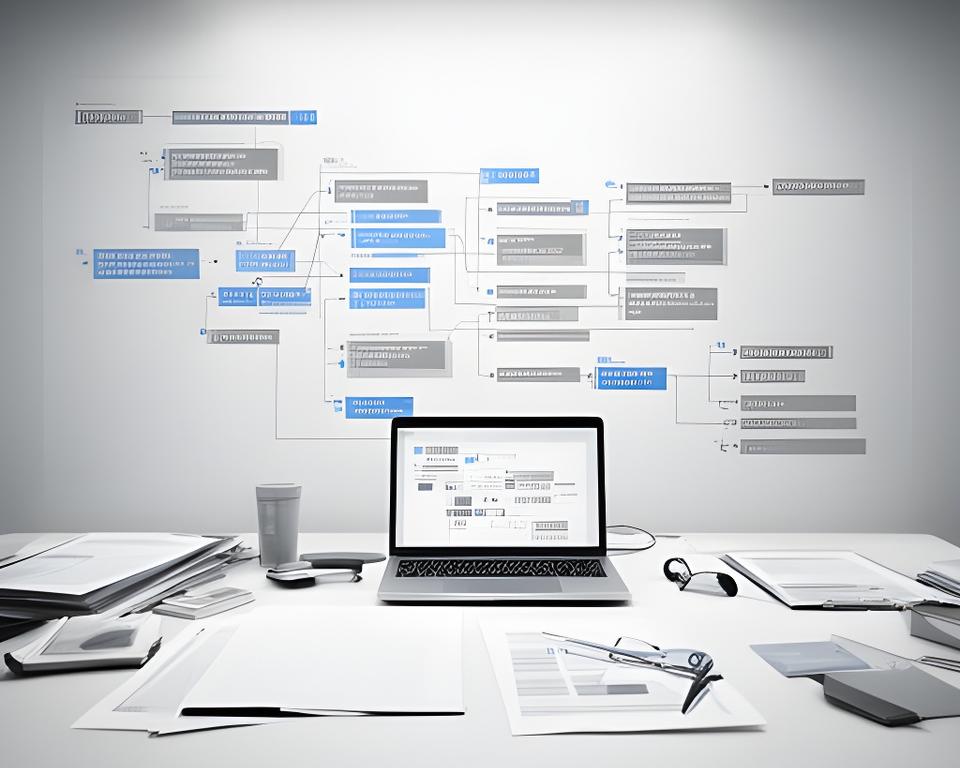 Organised SQL schema diagram displayed beside a tidy workspace with notes and a laptop