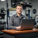 Auto repair shop owner standing beside a service desk with a laptop